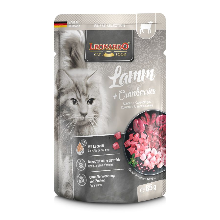 Leonardo pouch de cordero y arándano alimento húmedo para gatos 85 GR